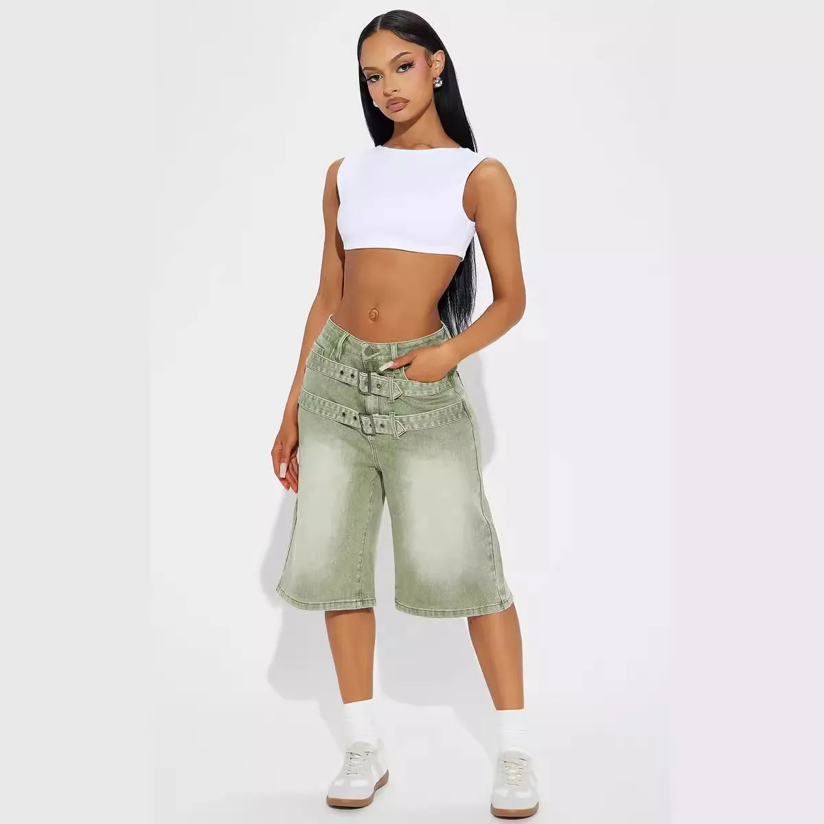 Double Belt Washed Gradient Loose Knee-length Shorts