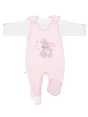 Early Baby Top & Bunny Footed Dungarees Set - Pink
