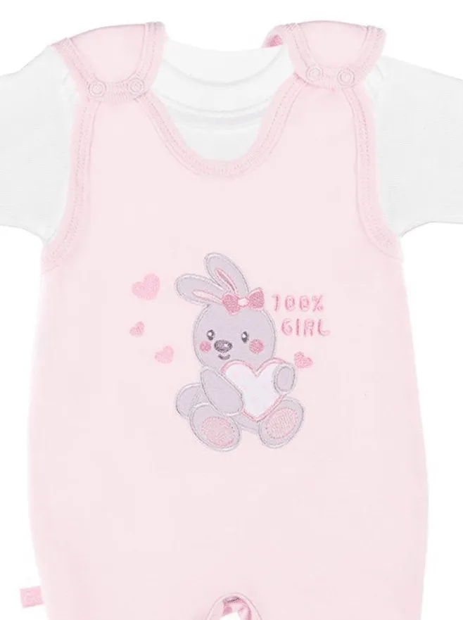 Early Baby Top & Bunny Footed Dungarees Set - Pink