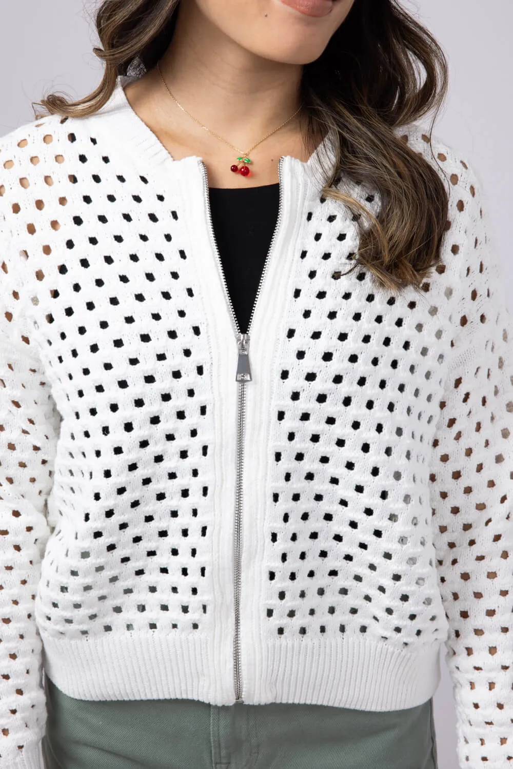Elan Open Knit Front Zip Cardigan for Women in White | SW11355-WHT