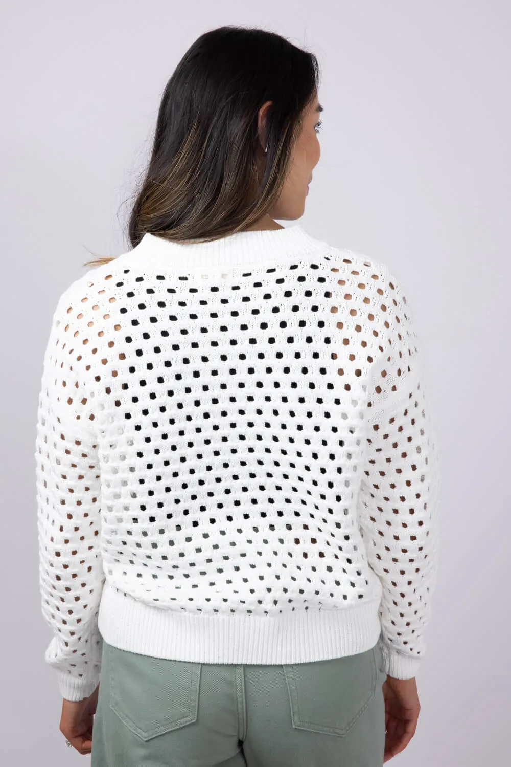 Elan Open Knit Front Zip Cardigan for Women in White | SW11355-WHT