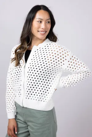 Elan Open Knit Front Zip Cardigan for Women in White | SW11355-WHT