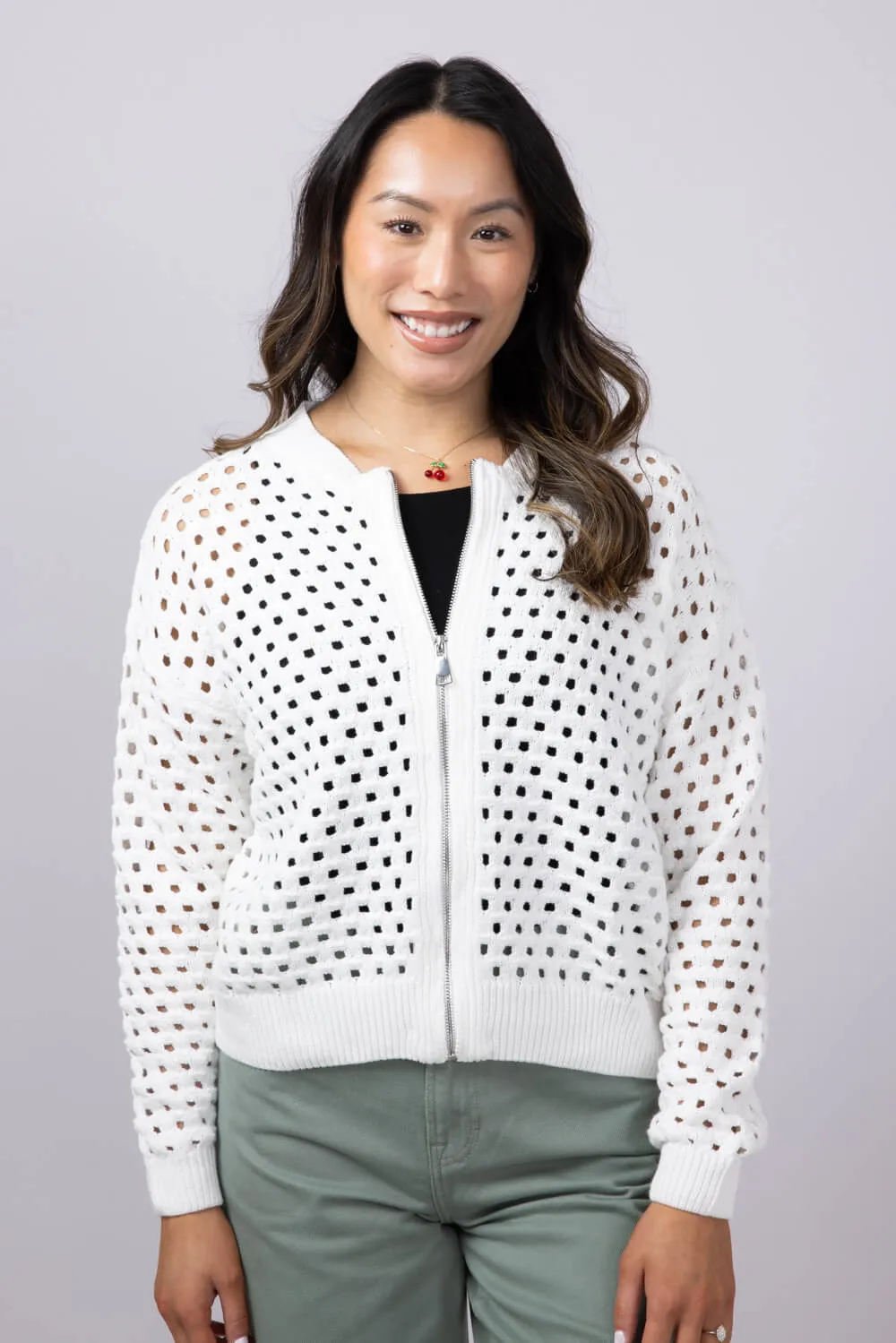 Elan Open Knit Front Zip Cardigan for Women in White | SW11355-WHT