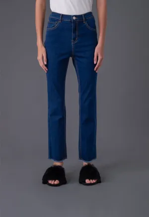 Elasticated Back Waistband Frayed Hem Denim Pants