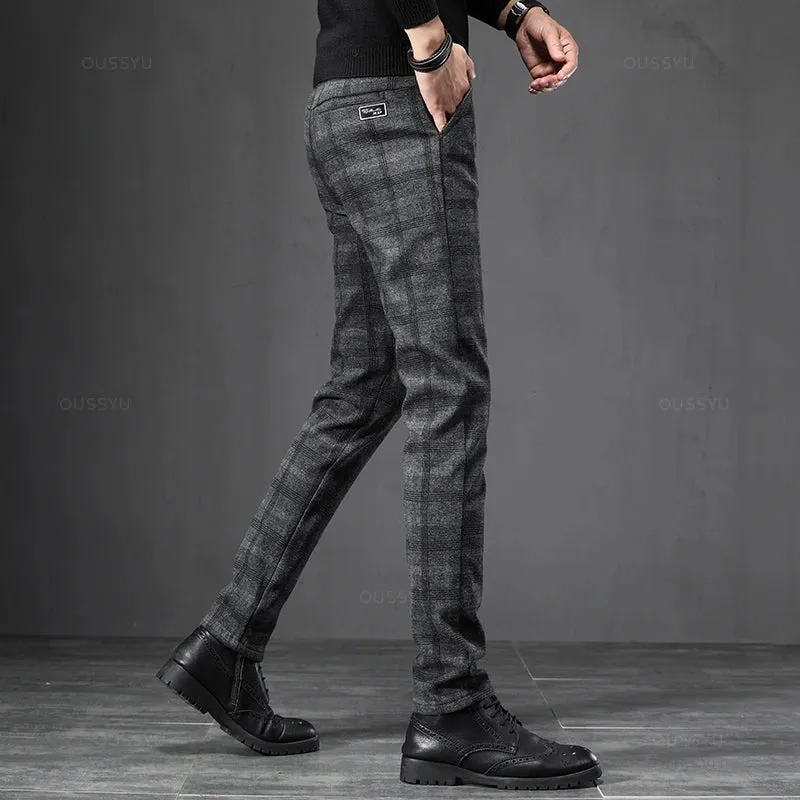 England Plaid Work Stretch Pants Men Business Casual Pant Trousers
