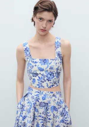 Floral Crop Top With Low Neckline - Beige