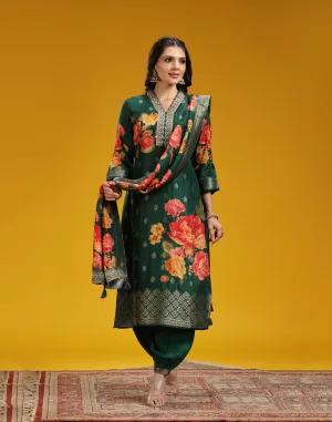 Forest Green With Contrast Floral Printed Silk Kurta Set