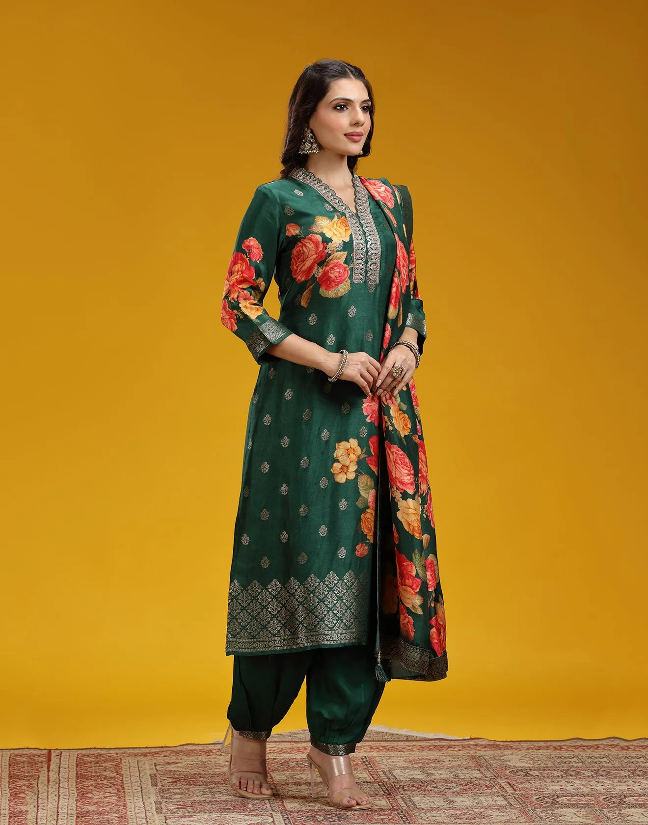 Forest Green With Contrast Floral Printed Silk Kurta Set