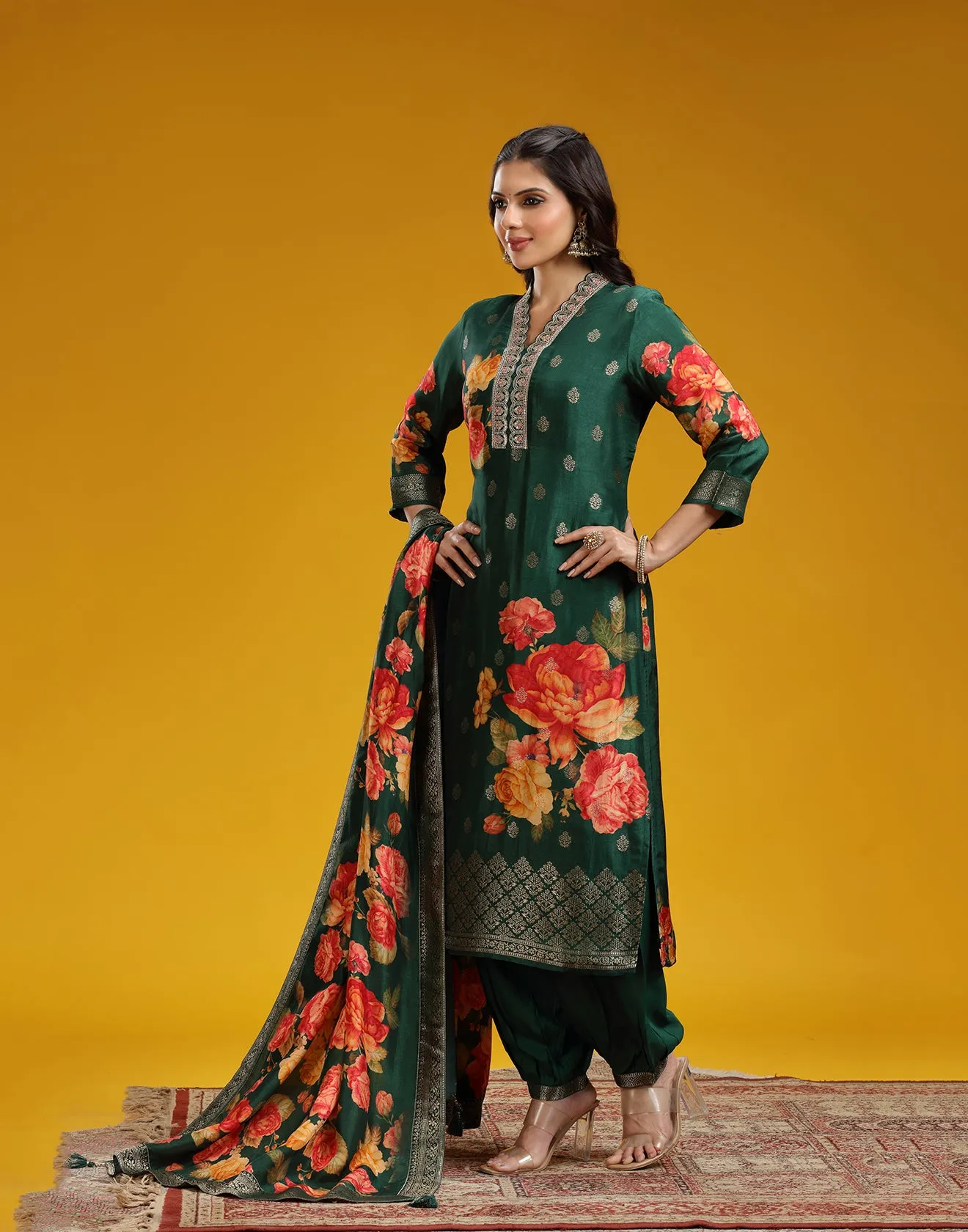 Forest Green With Contrast Floral Printed Silk Kurta Set