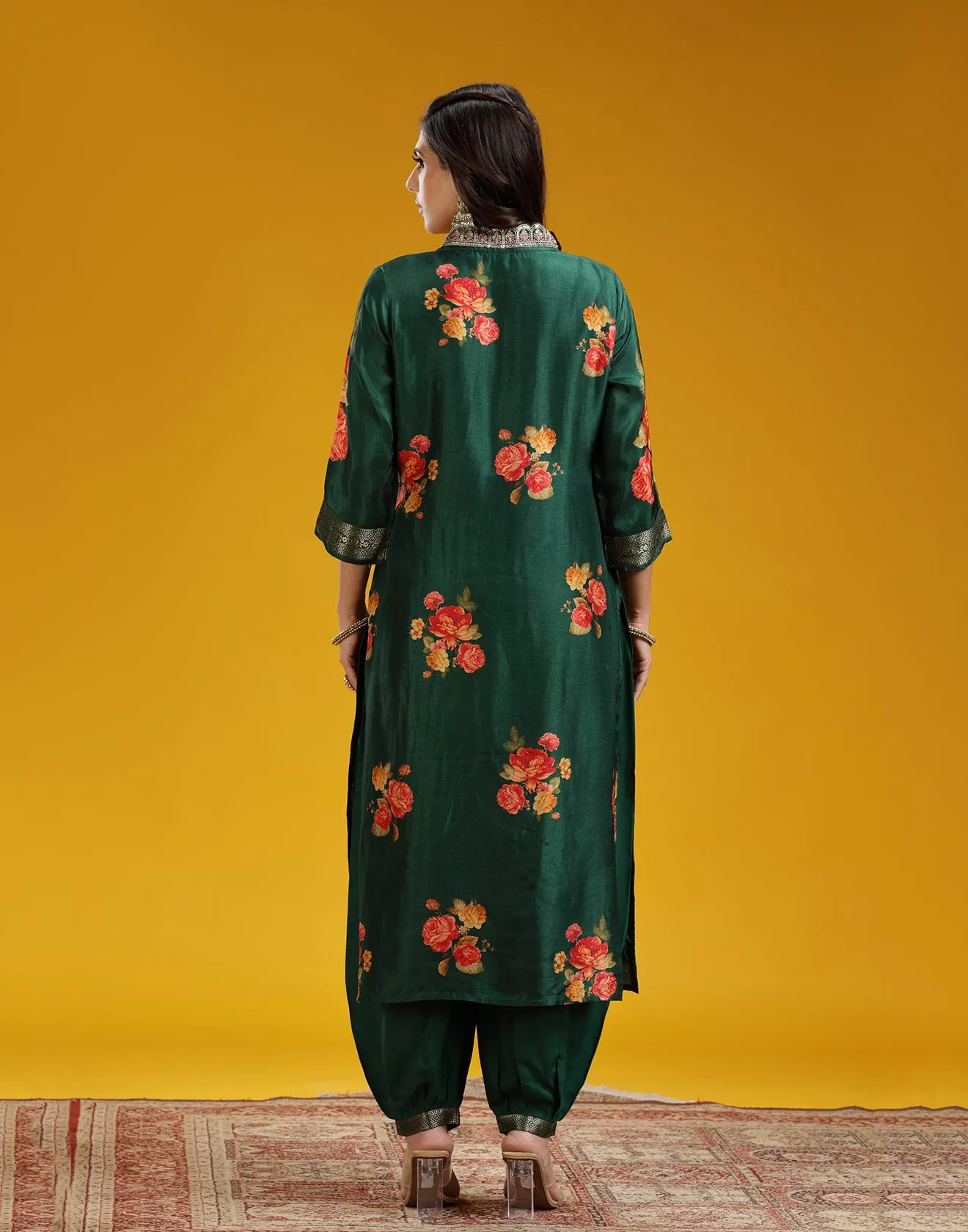 Forest Green With Contrast Floral Printed Silk Kurta Set