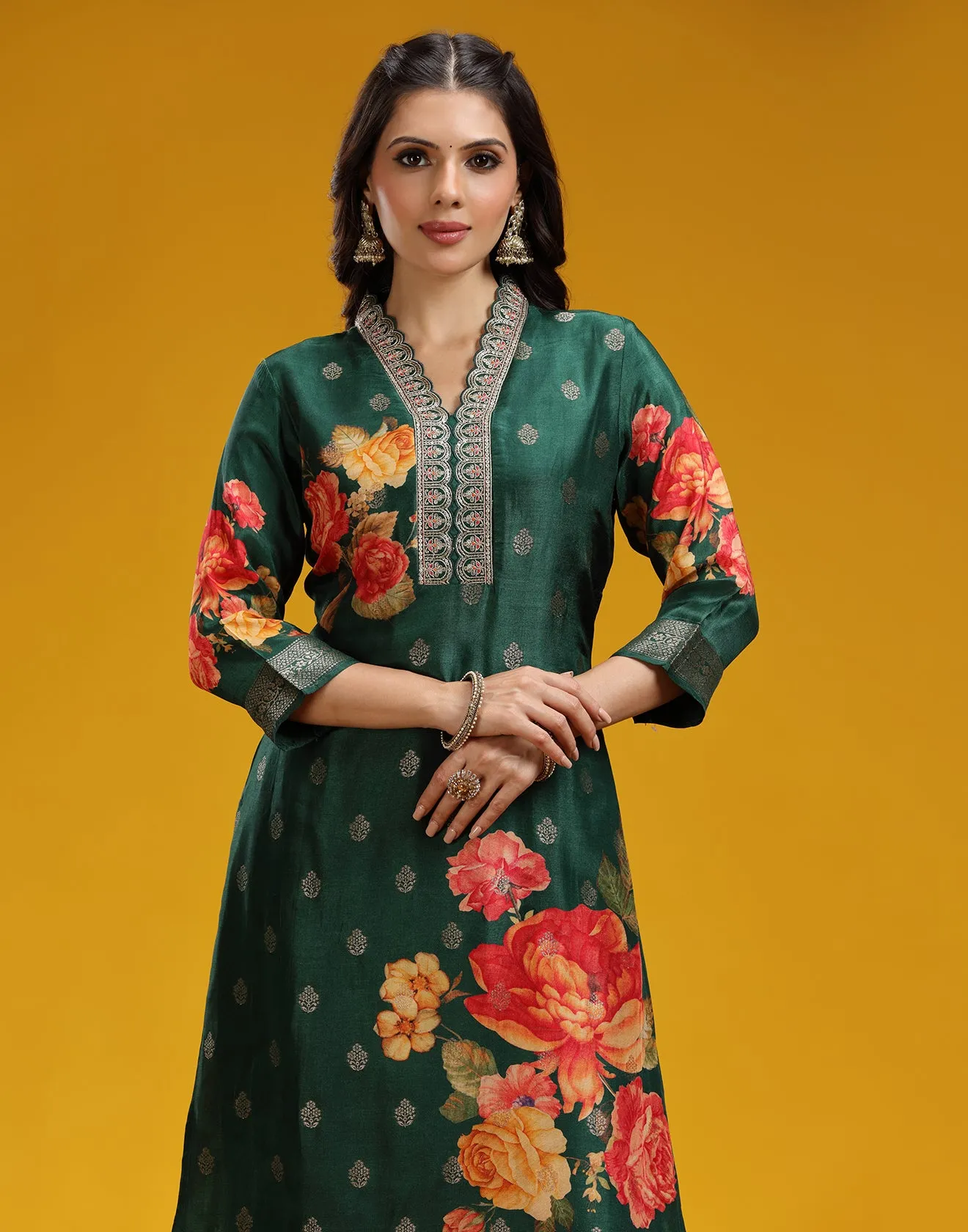 Forest Green With Contrast Floral Printed Silk Kurta Set