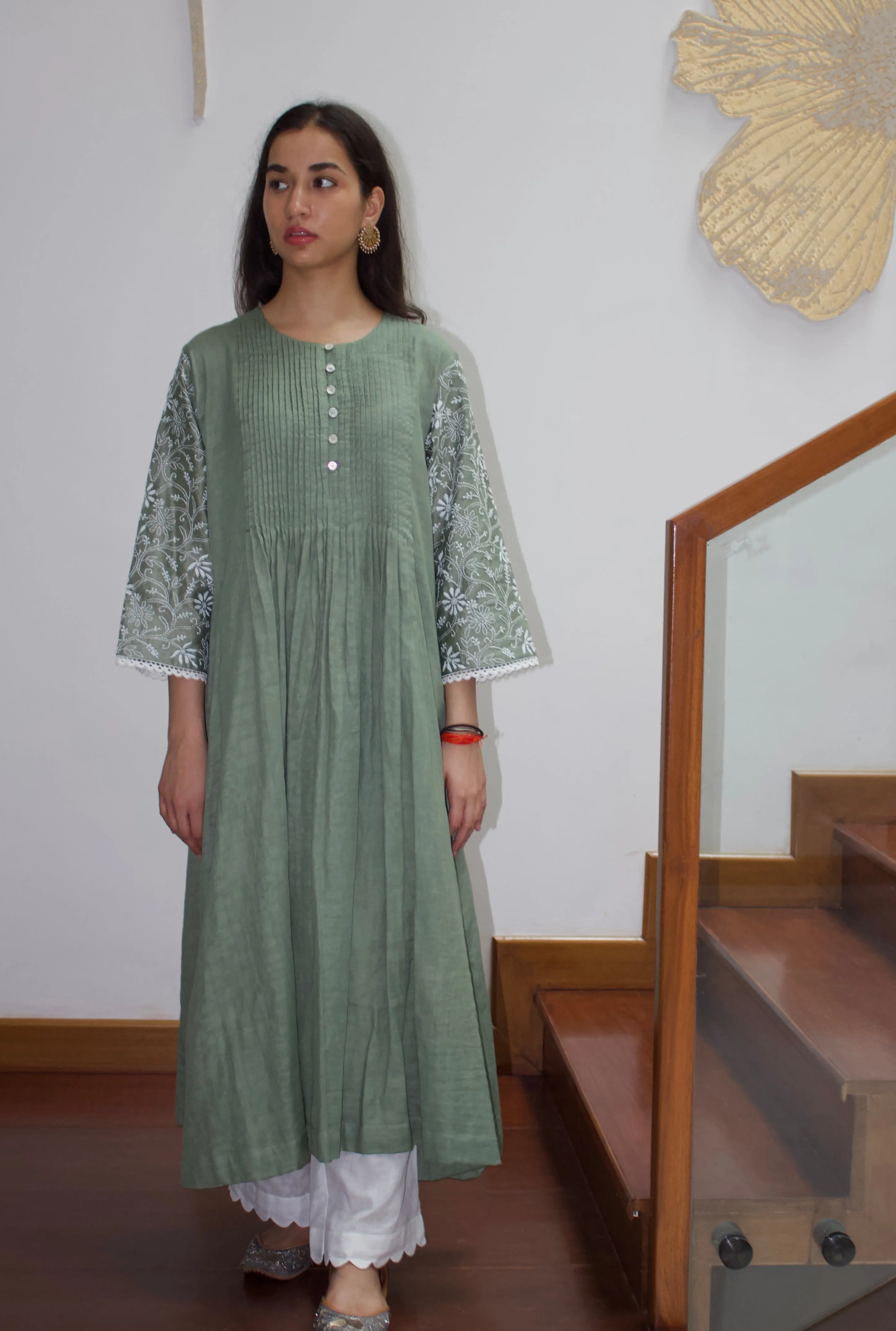FRONT PINTUCKS AND BACK YOKE KURTA - GREEN