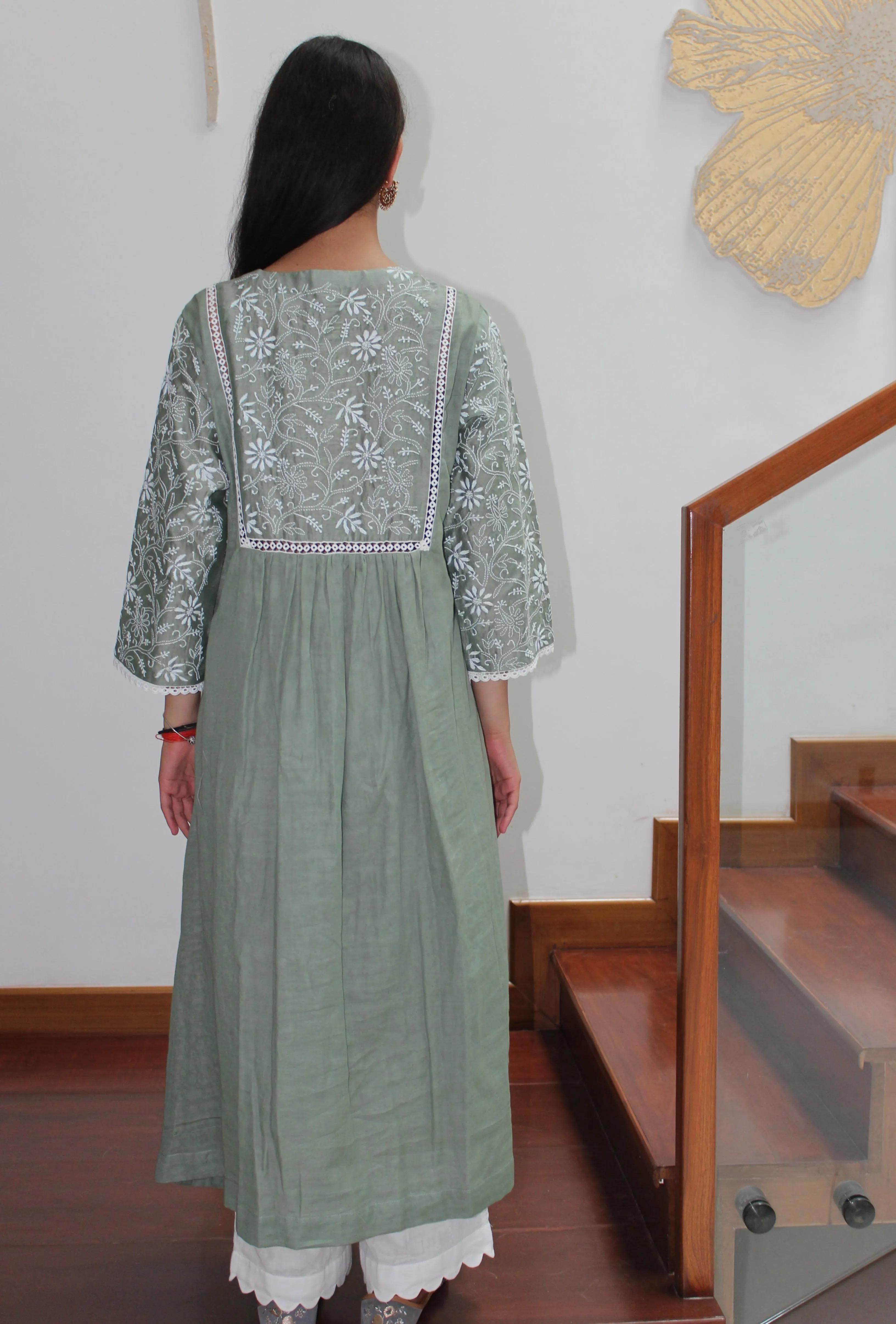FRONT PINTUCKS AND BACK YOKE KURTA - GREEN