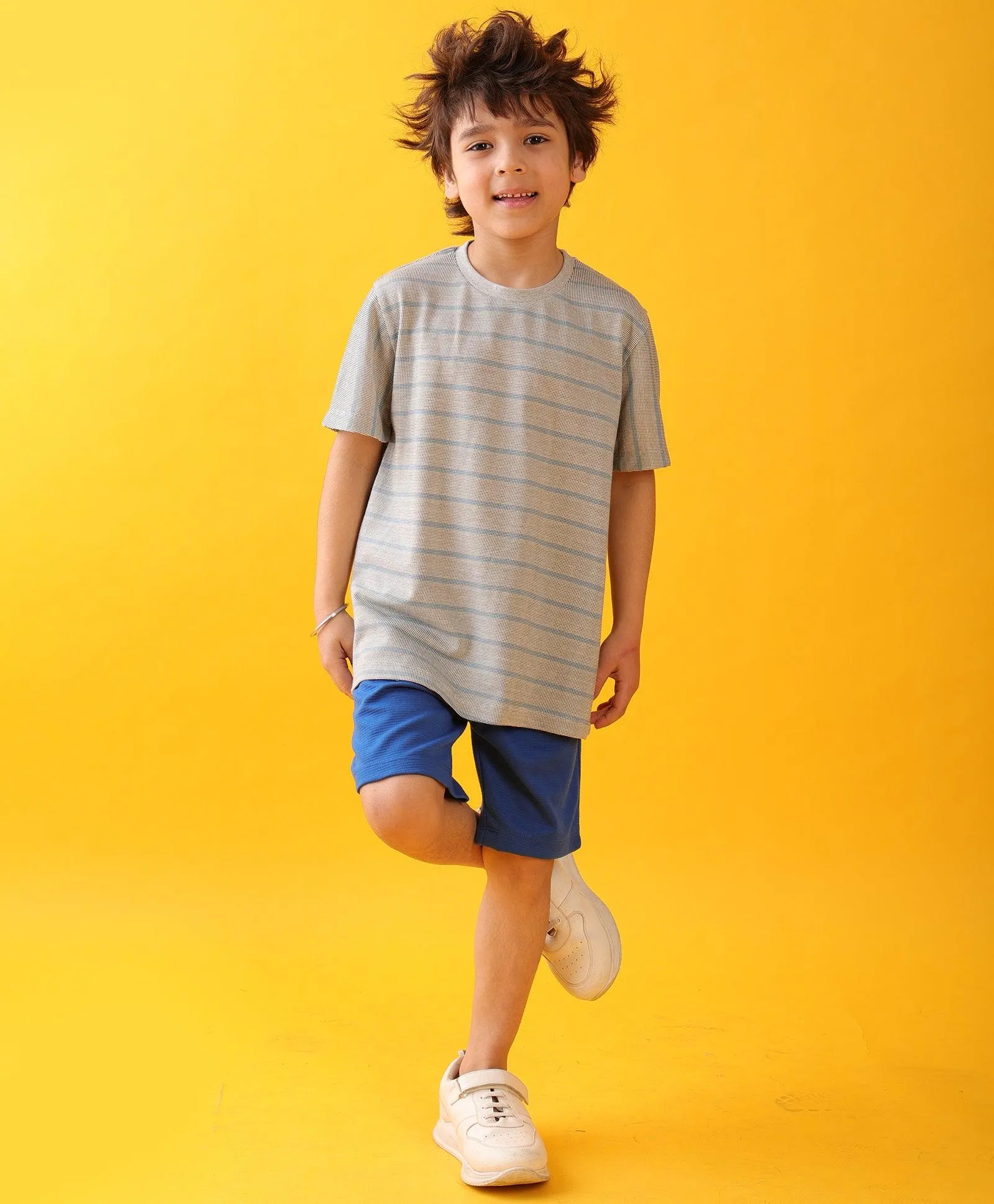 GREY BLUE STRIPED ROYAL BOYS SHORTS SET - GREY/ROYAL