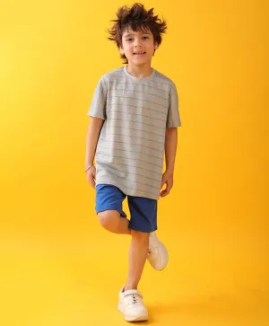 GREY BLUE STRIPED ROYAL BOYS SHORTS SET - GREY/ROYAL