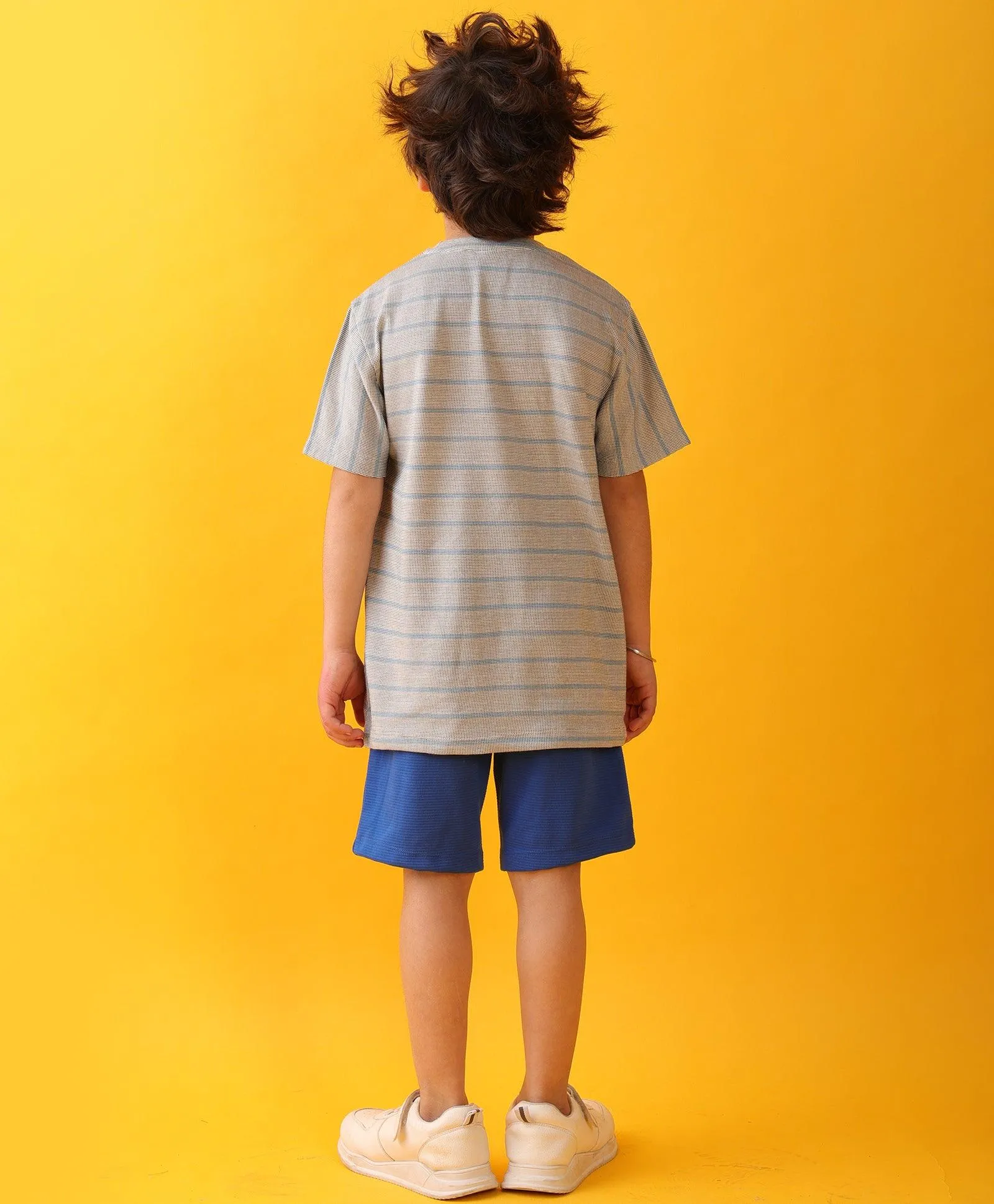 GREY BLUE STRIPED ROYAL BOYS SHORTS SET - GREY/ROYAL