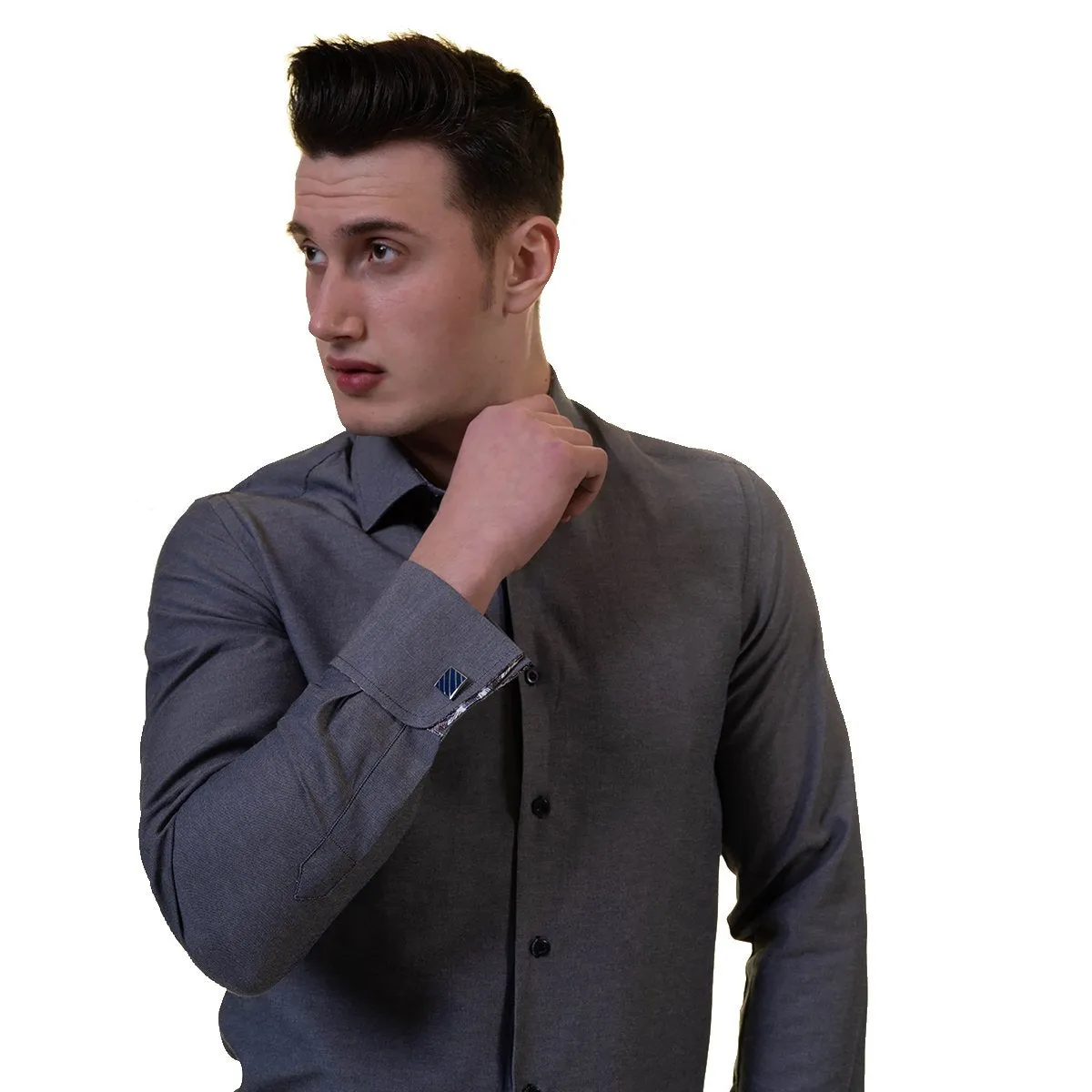 Grey Mens Slim Fit French Cuff Shirts with Cufflink Holes - Casual and