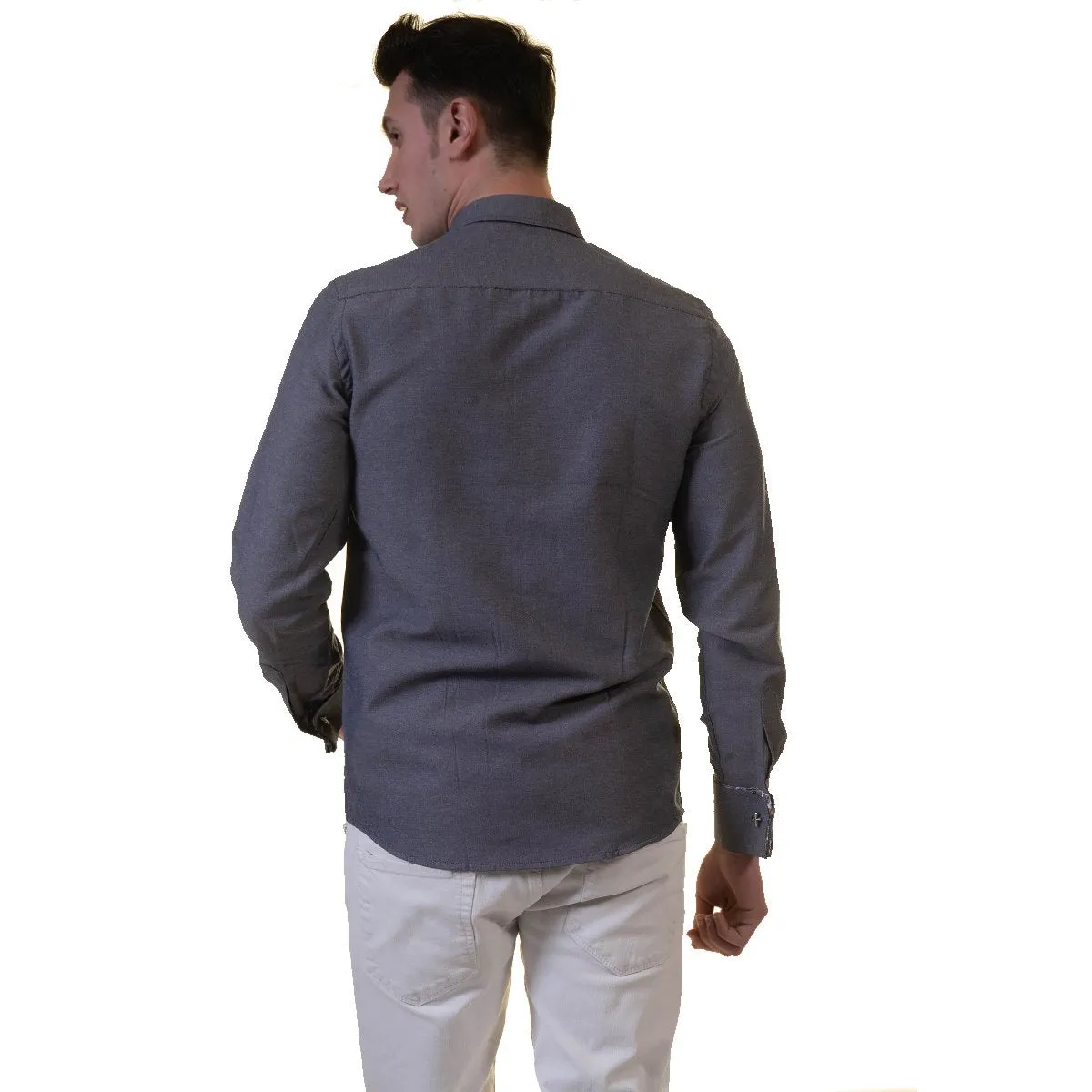 Grey Mens Slim Fit French Cuff Shirts with Cufflink Holes - Casual and