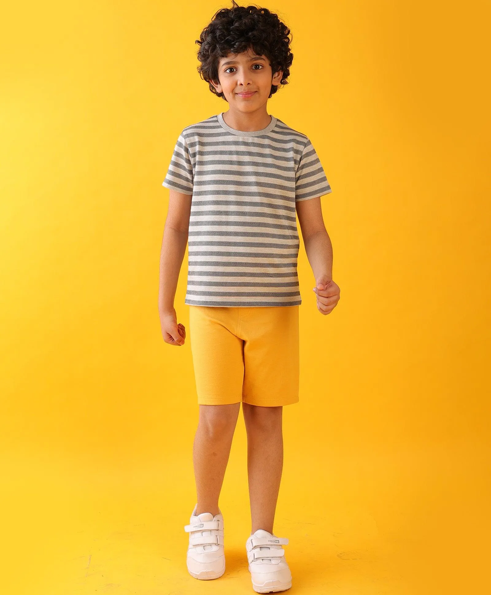 GREY STRIPED MUSTARD SUMMER SHORTS SET - GREY/MUSTARD