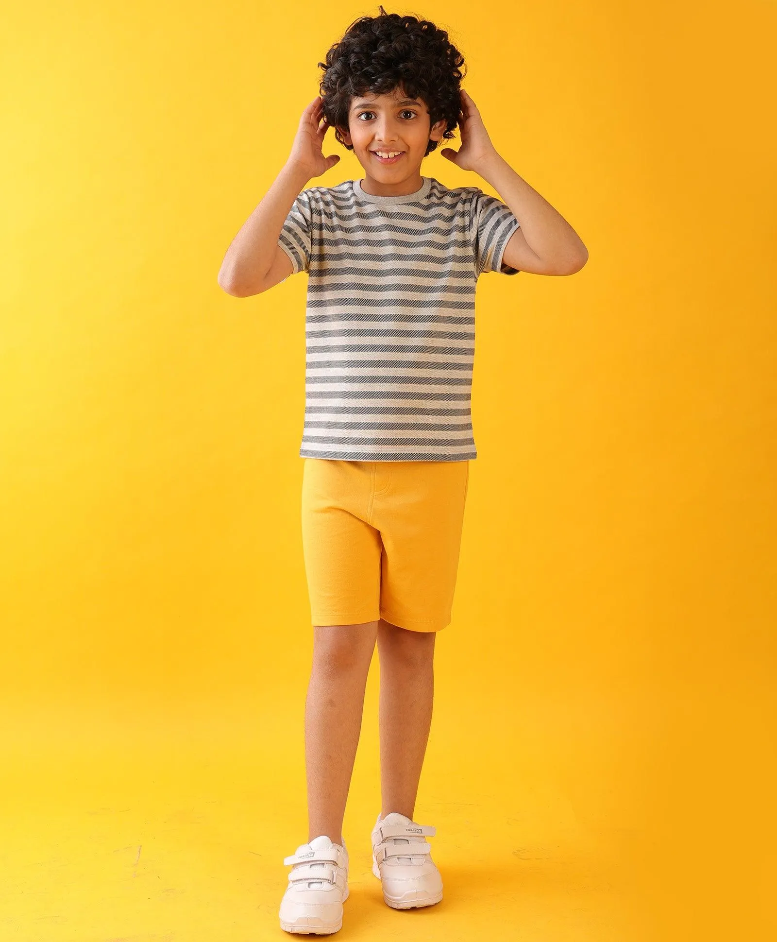 GREY STRIPED MUSTARD SUMMER SHORTS SET - GREY/MUSTARD