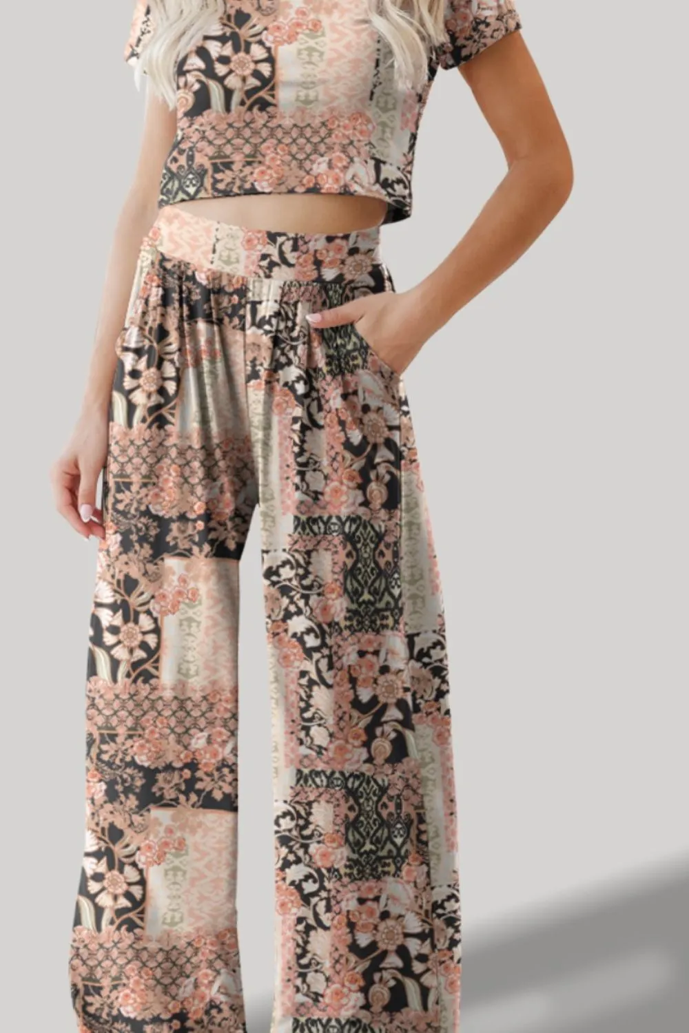 Hazel Blues® |  Printed Round Neck Short Sleeve Top and Pants Set