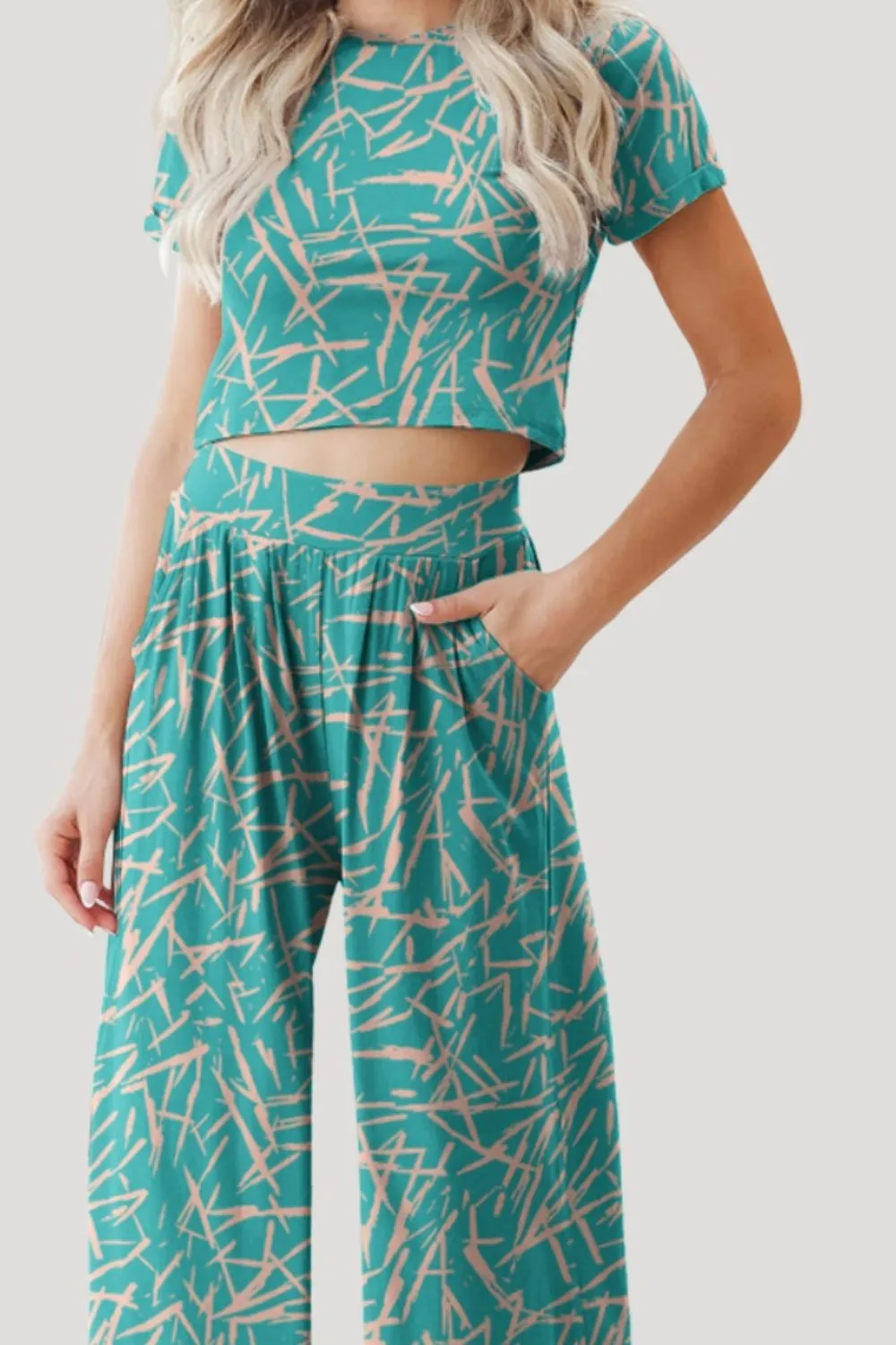 Hazel Blues® |  Printed Round Neck Short Sleeve Top and Pants Set