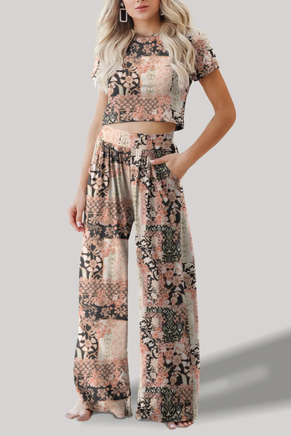 Hazel Blues® |  Printed Round Neck Short Sleeve Top and Pants Set