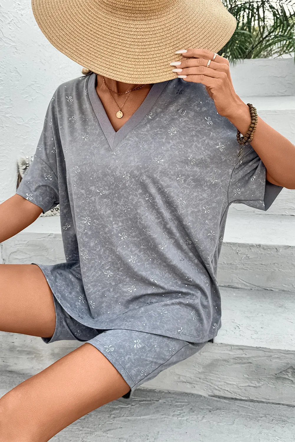 High-rise Vintage Mineral Wash V Neck Loose Tee and Biker Shorts Set