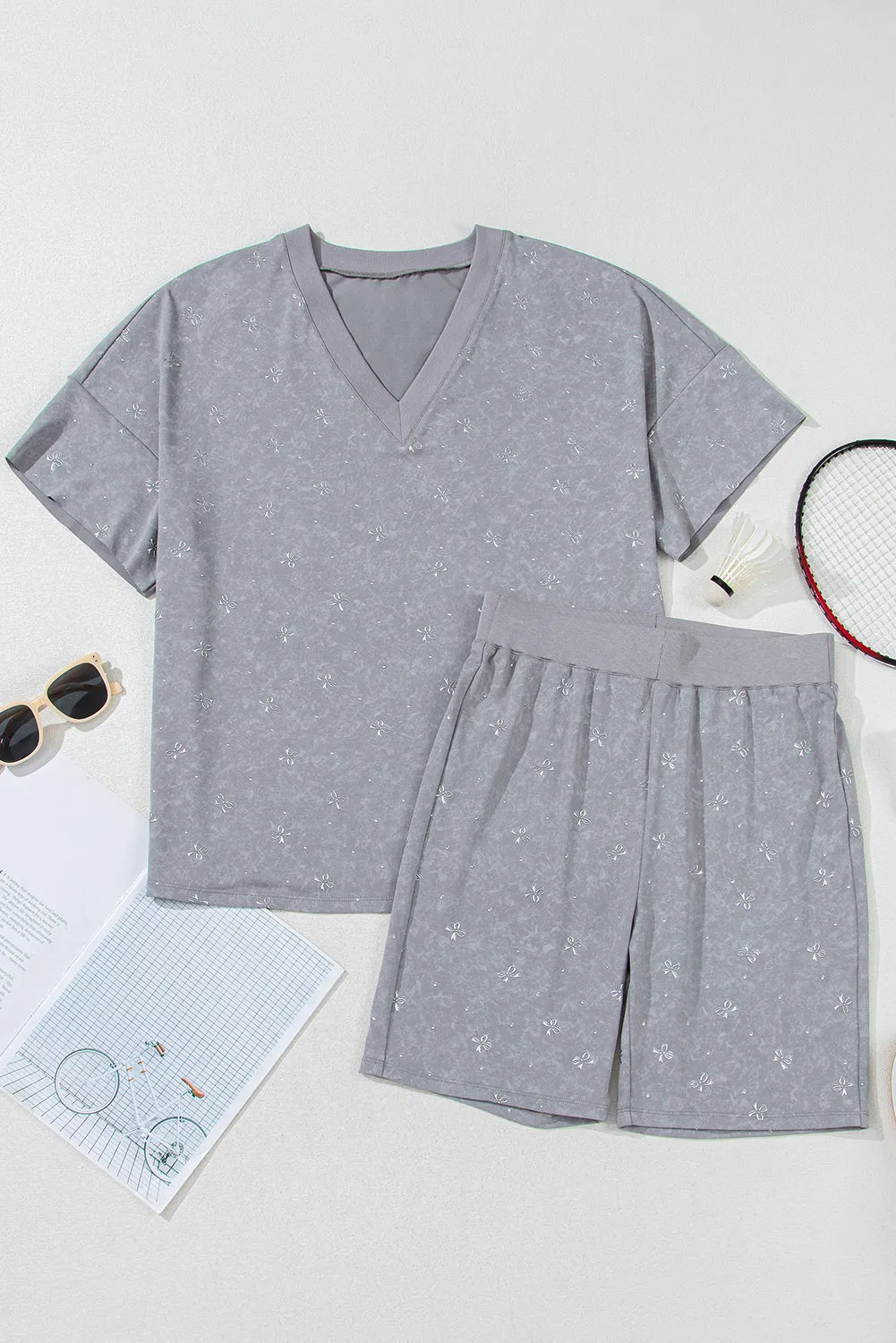 High-rise Vintage Mineral Wash V Neck Loose Tee and Biker Shorts Set