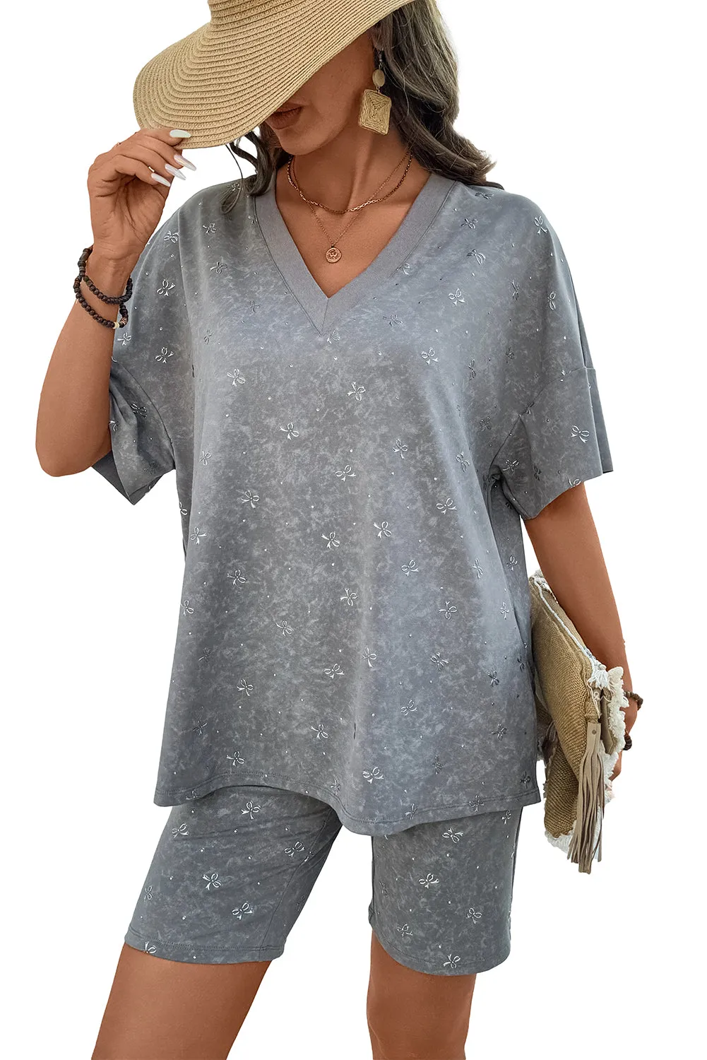 High-rise Vintage Mineral Wash V Neck Loose Tee and Biker Shorts Set