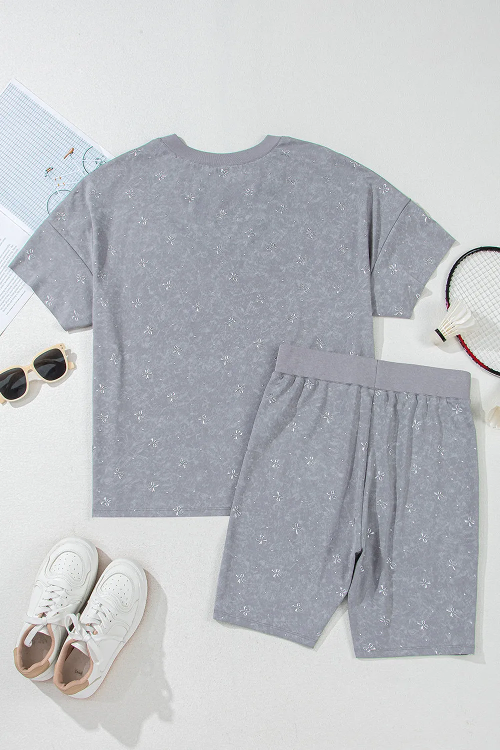 High-rise Vintage Mineral Wash V Neck Loose Tee and Biker Shorts Set