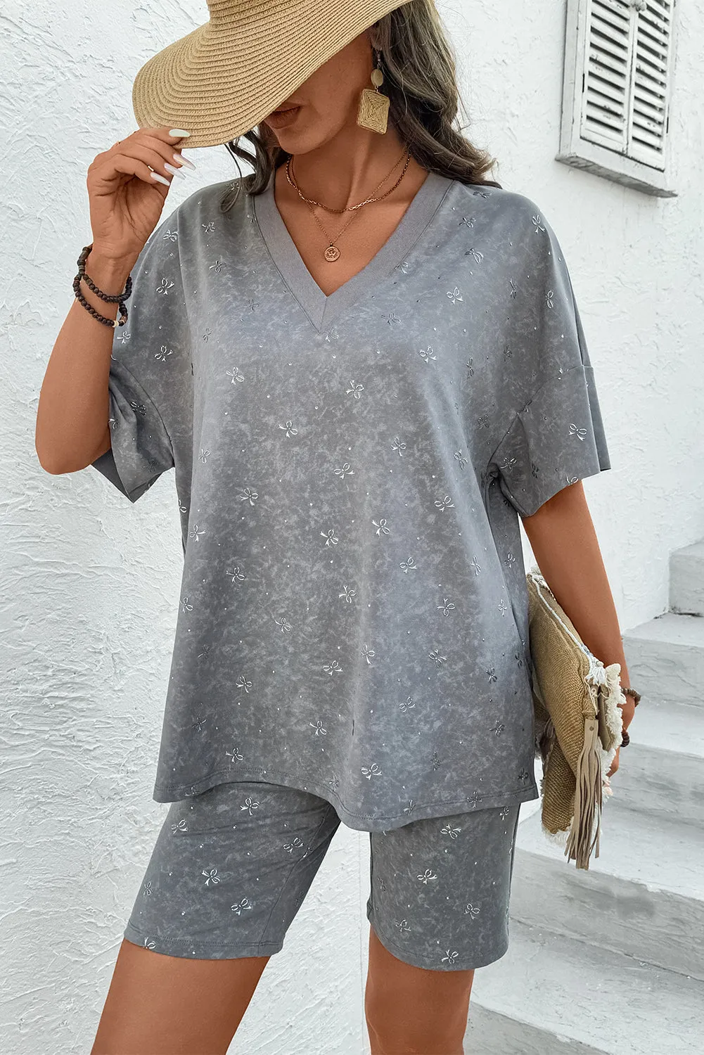 High-rise Vintage Mineral Wash V Neck Loose Tee and Biker Shorts Set