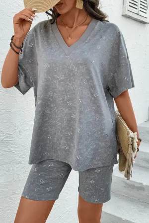 High-rise Vintage Mineral Wash V Neck Loose Tee and Biker Shorts Set
