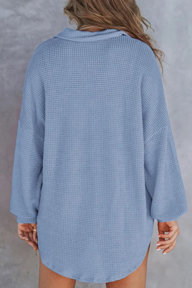 HTR1119 Relaxed Waffle-Knit Button-Up Shirt Top