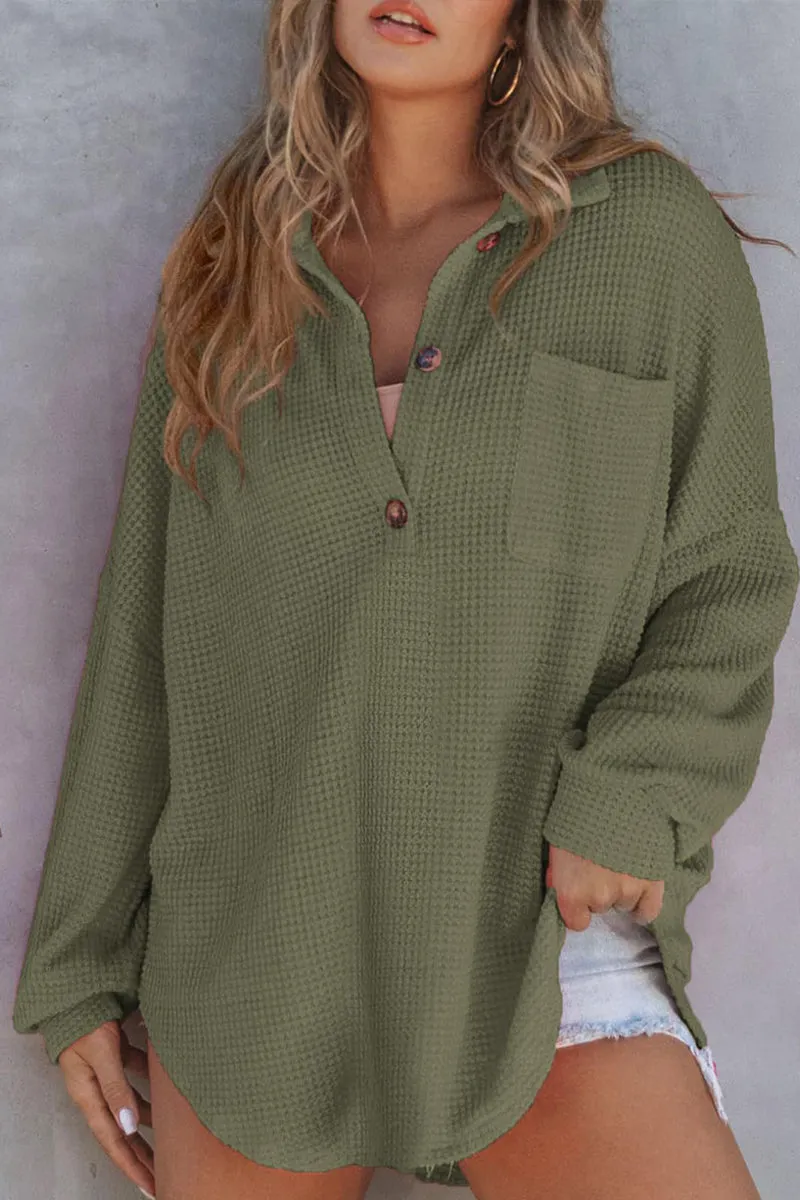 HTR1119 Relaxed Waffle-Knit Button-Up Shirt Top