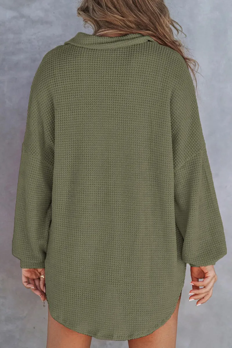 HTR1119 Relaxed Waffle-Knit Button-Up Shirt Top
