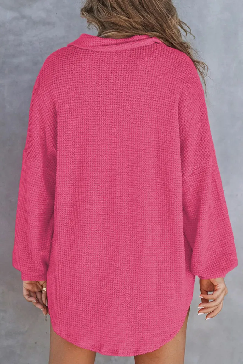 HTR1119 Relaxed Waffle-Knit Button-Up Shirt Top