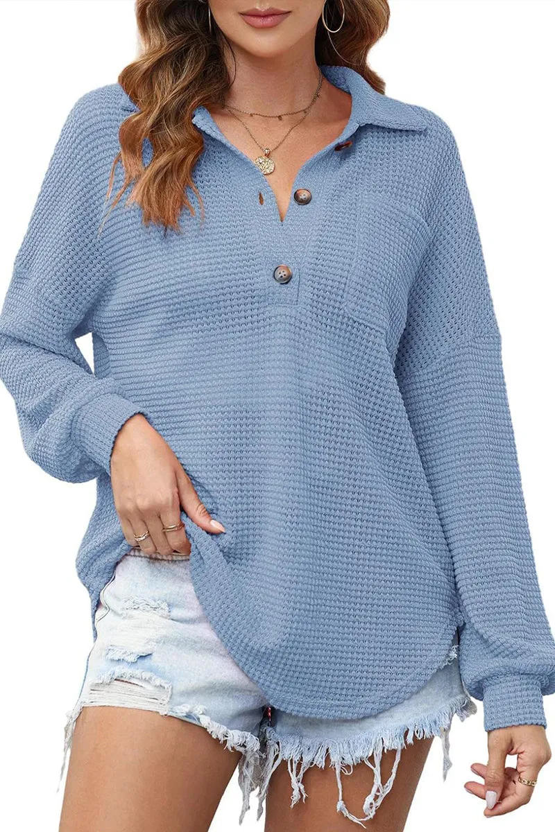 HTR1119 Relaxed Waffle-Knit Button-Up Shirt Top