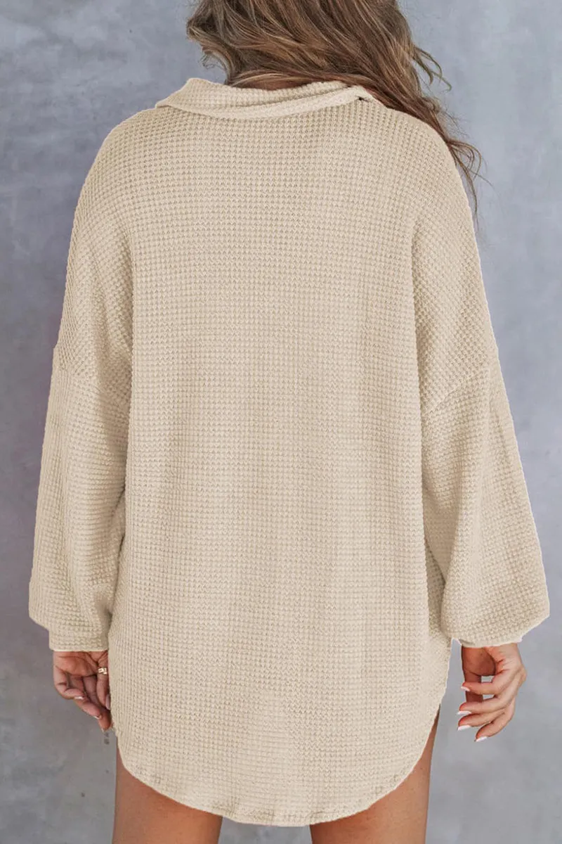 HTR1119 Relaxed Waffle-Knit Button-Up Shirt Top