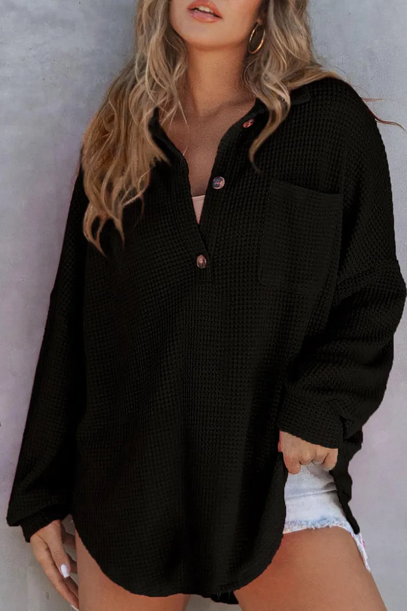 HTR1119 Relaxed Waffle-Knit Button-Up Shirt Top