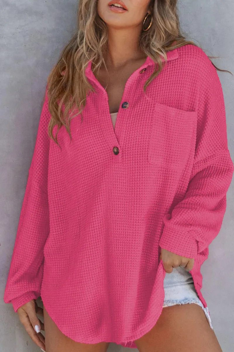 HTR1119 Relaxed Waffle-Knit Button-Up Shirt Top