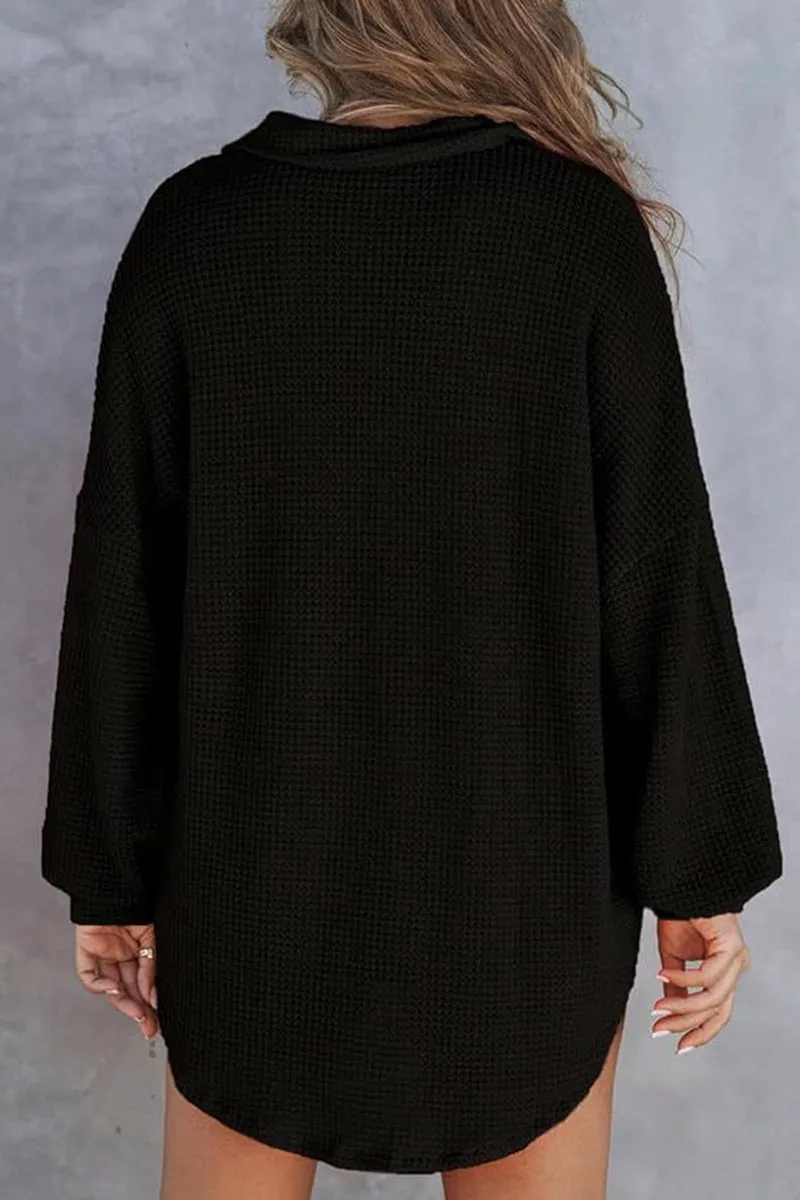 HTR1119 Relaxed Waffle-Knit Button-Up Shirt Top