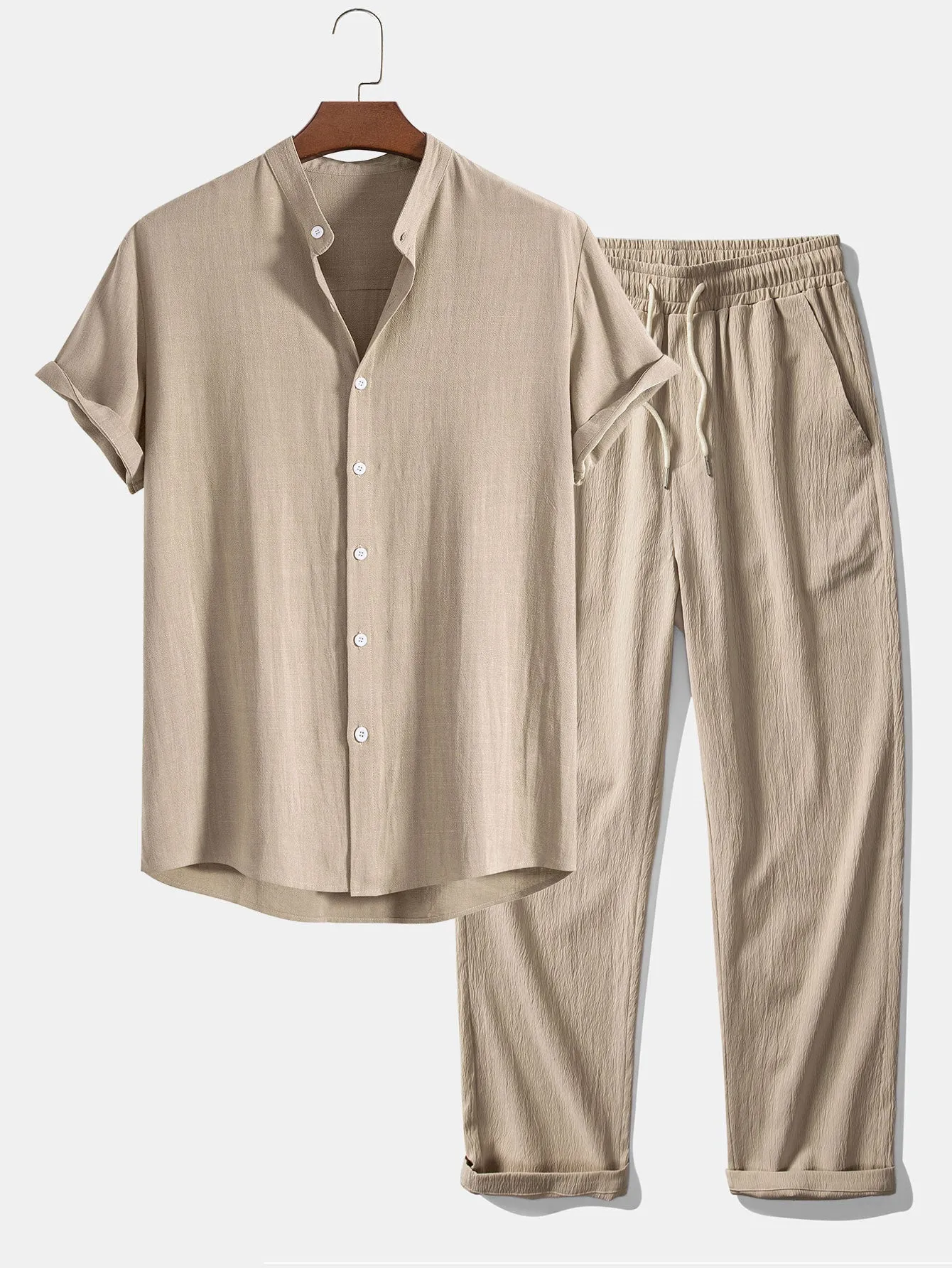 Kemeja Kerah Berdiri Campuran Linen Dan Rayon & Seluar Lurus Tekstur Kedut