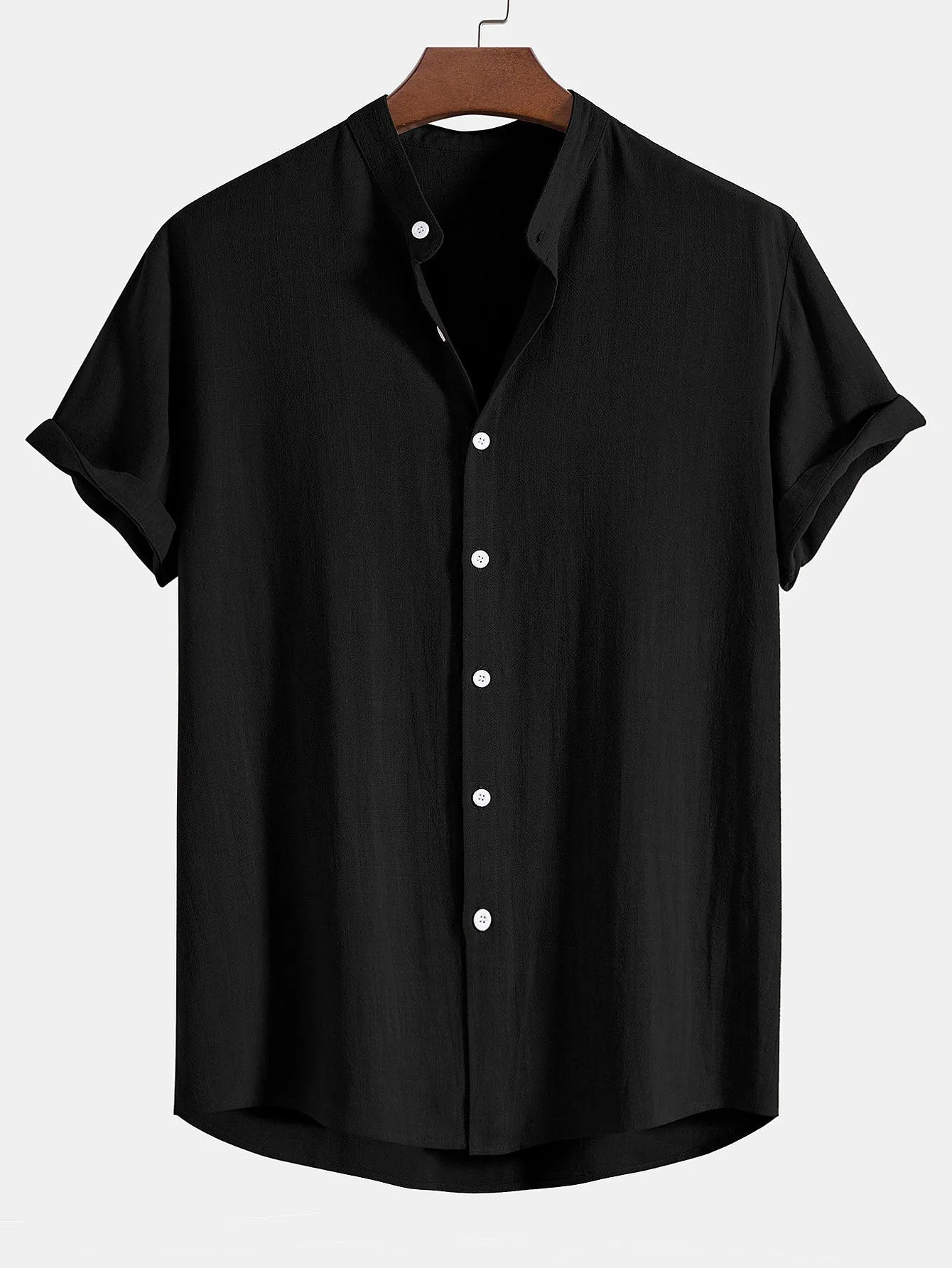 Kemeja Kerah Berdiri Campuran Linen Dan Rayon & Seluar Lurus Tekstur Kedut