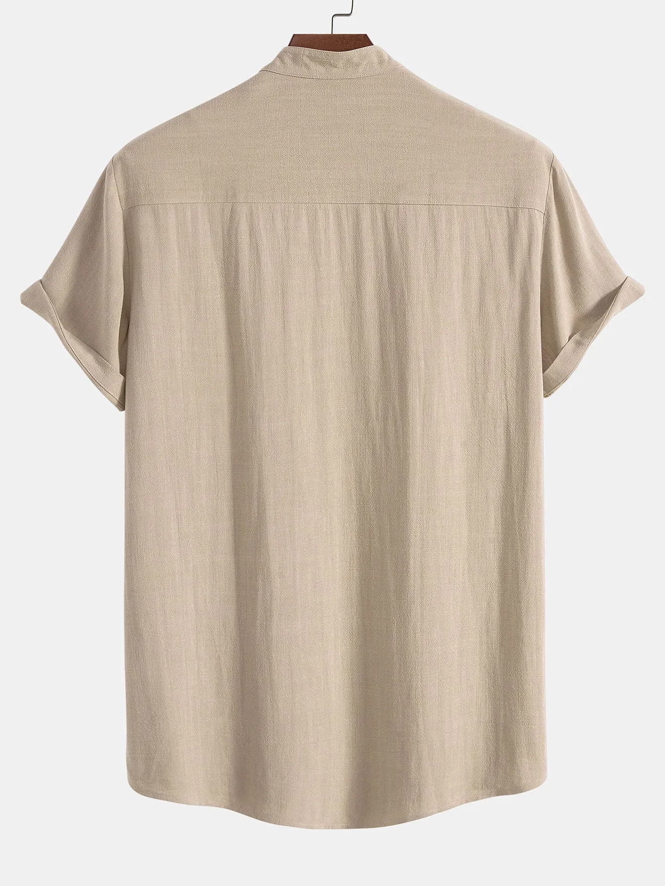 Kemeja Kerah Berdiri Campuran Linen Dan Rayon & Seluar Lurus Tekstur Kedut