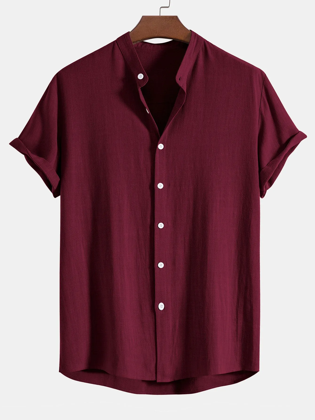 Kemeja Kerah Berdiri Campuran Linen Dan Rayon & Seluar Lurus Tekstur Kedut