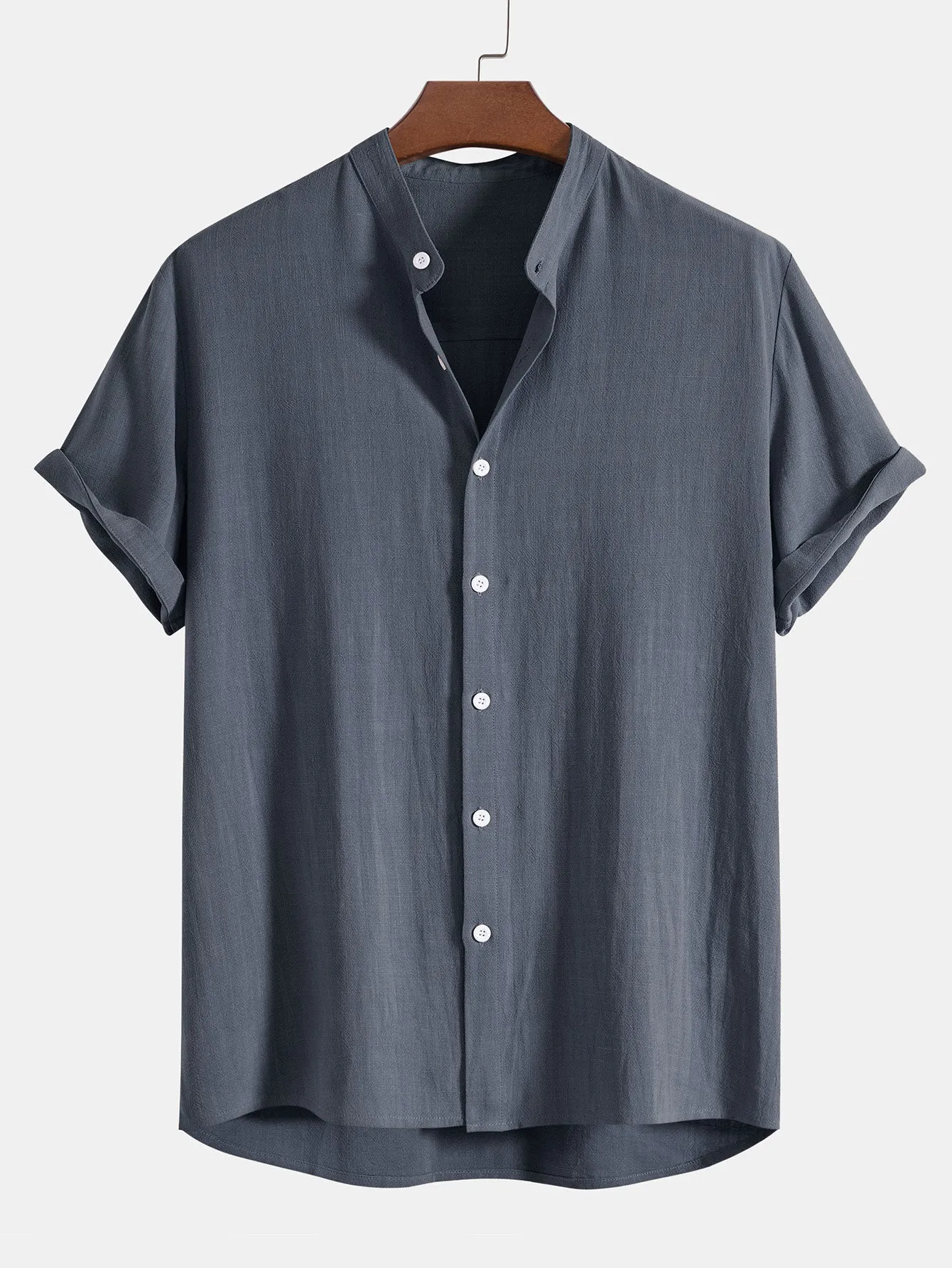 Kemeja Kerah Berdiri Campuran Linen Dan Rayon & Seluar Lurus Tekstur Kedut