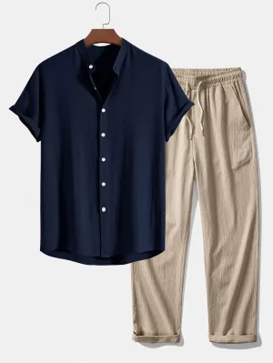 Kemeja Kerah Berdiri Campuran Linen Dan Rayon & Seluar Lurus Tekstur Kedut