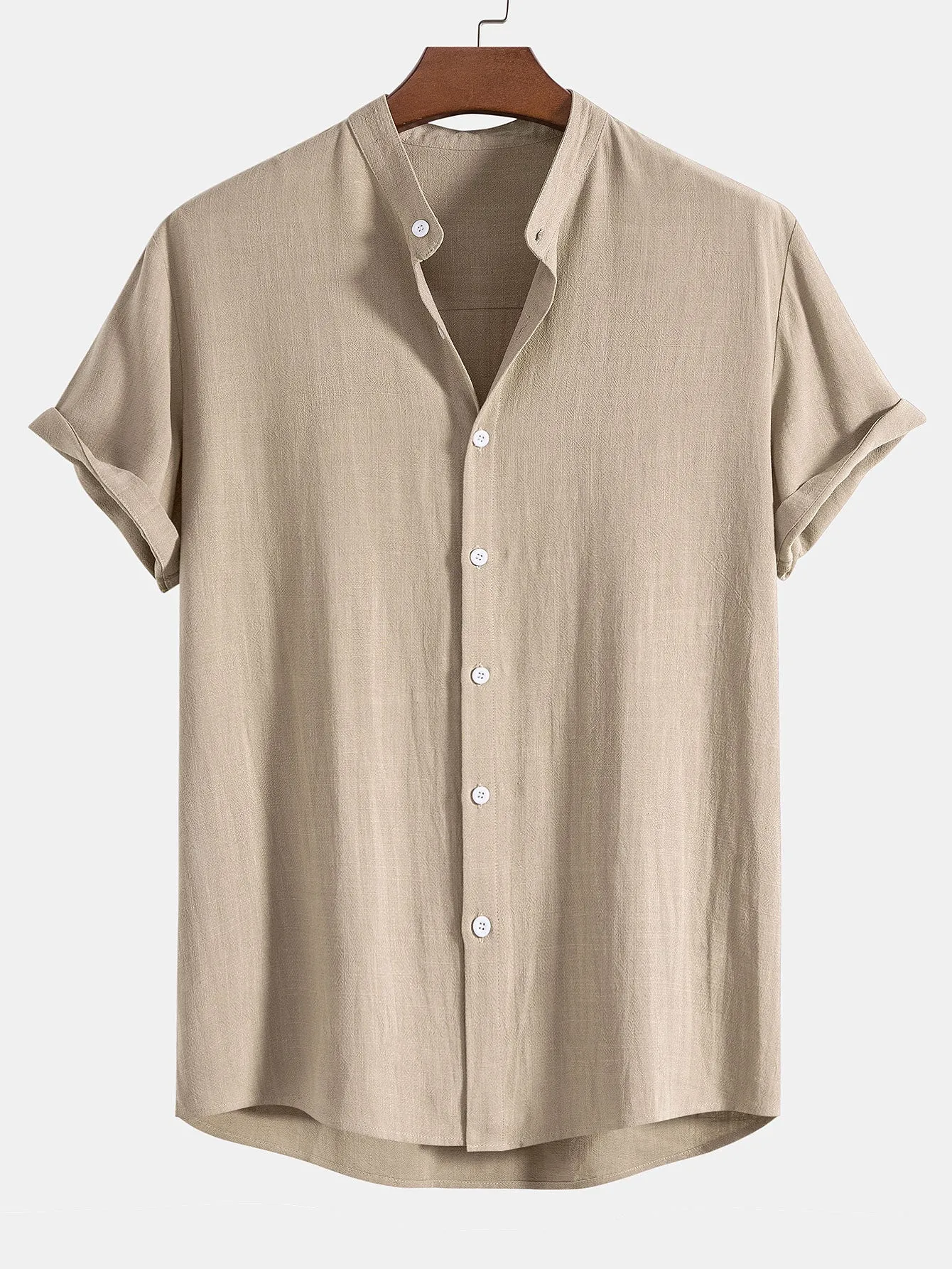 Kemeja Kerah Berdiri Campuran Linen Dan Rayon & Seluar Lurus Tekstur Kedut