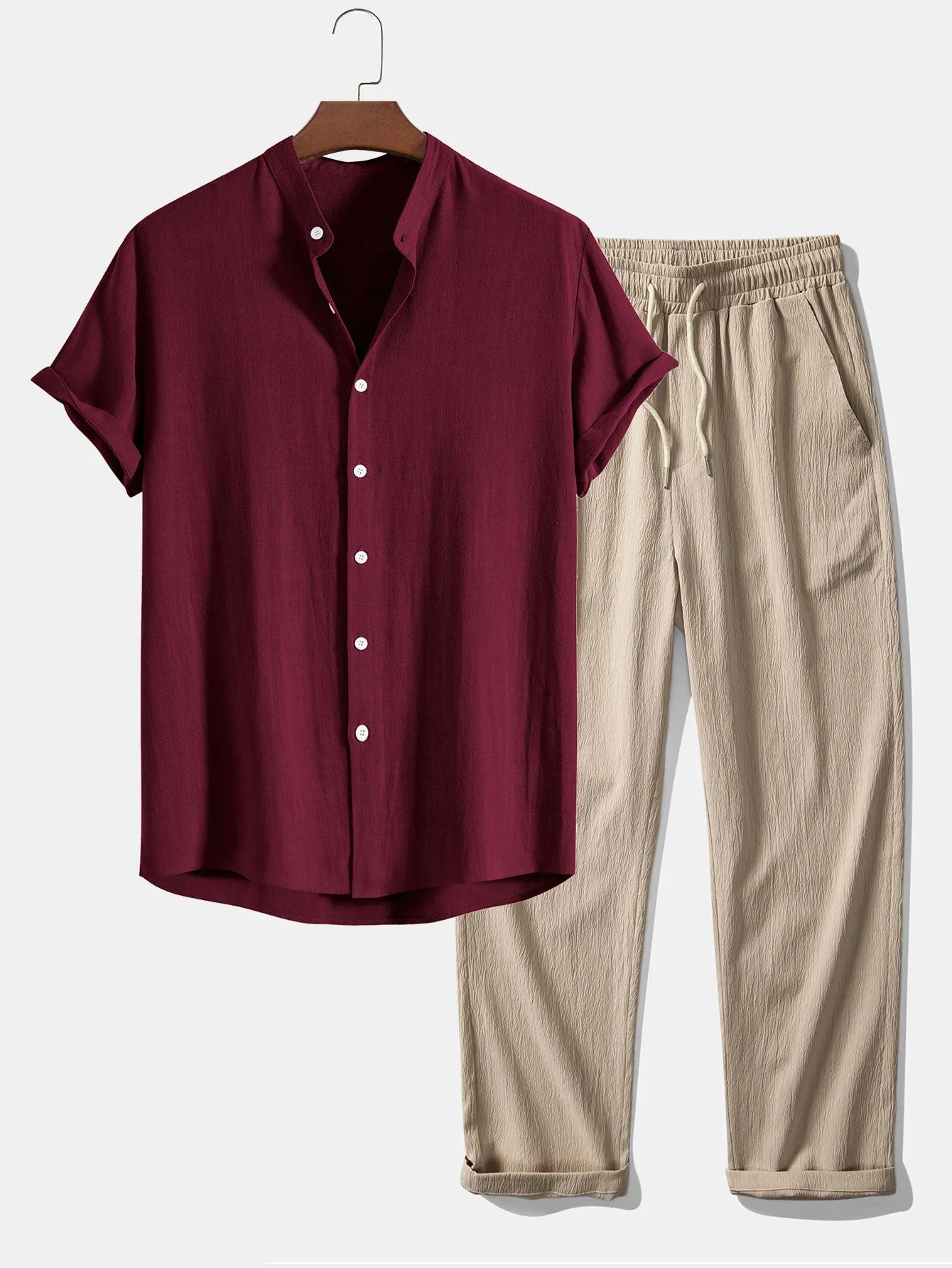 Kemeja Kerah Berdiri Campuran Linen Dan Rayon & Seluar Lurus Tekstur Kedut